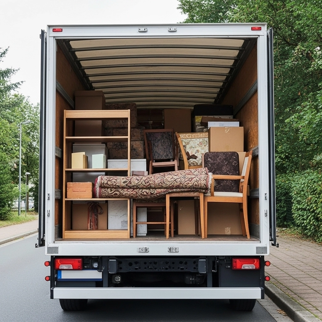 Offener LKW von GZ Transport, von hinten fotografiert, voll beladen mit alten Möbeln und Kartons bei einer Entrümpelung in Wuppertal.